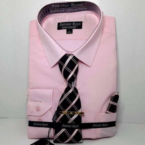 Antonio Rossi Dress Shirt, Tie, Clip & Handkerchief Set Size Large 16-16.5 Pink - Picture 1 of 3